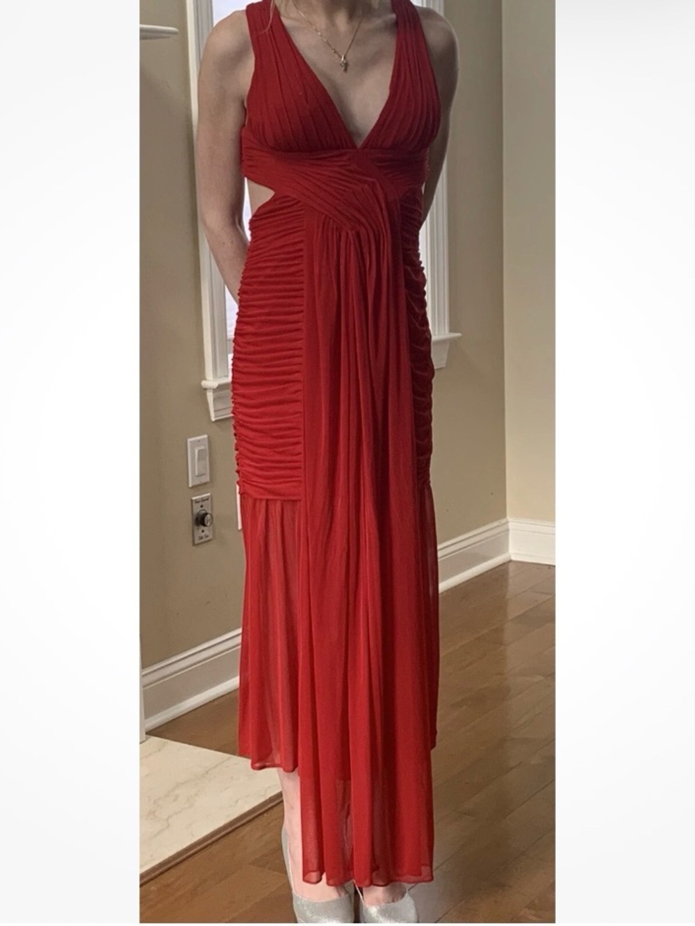 Adrianna Papell Red V-Neck Pleated Maxi Gown - Picture 9 of 10